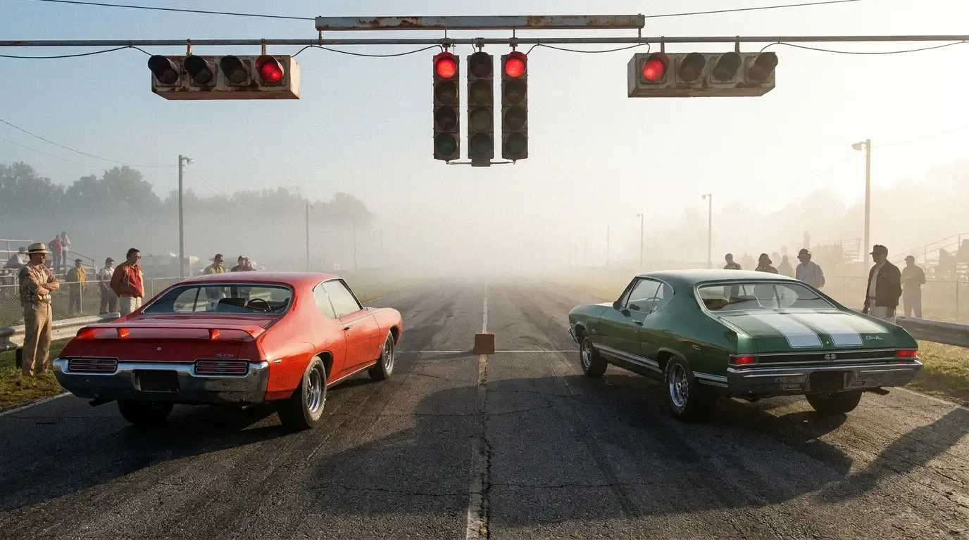 GTO Judge and Chevelle SS396 — staged at the dragstrip