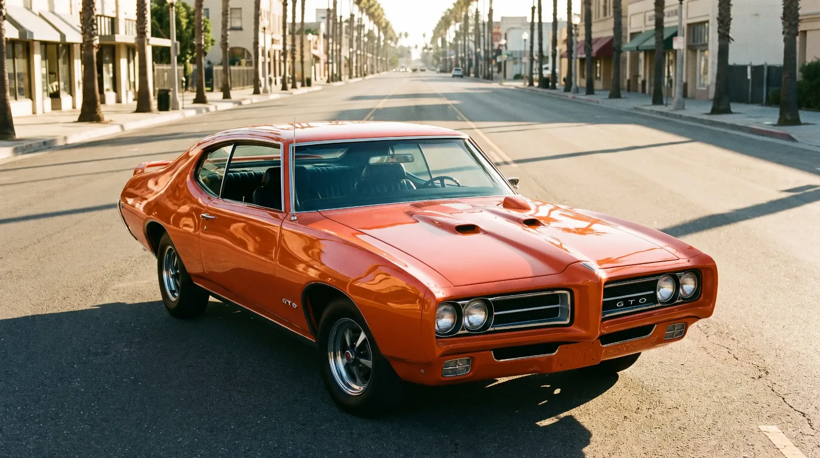 Carousel orange 1969 Pontiac GTO Judge with twin hood scoops on a sunlit boulevard