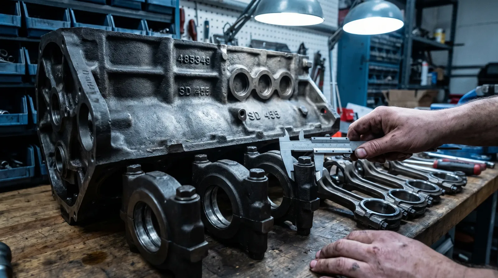 Bare 1973 Pontiac SD455 engine block on a workbench showing the four-bolt main bearing caps and forged connecting rods