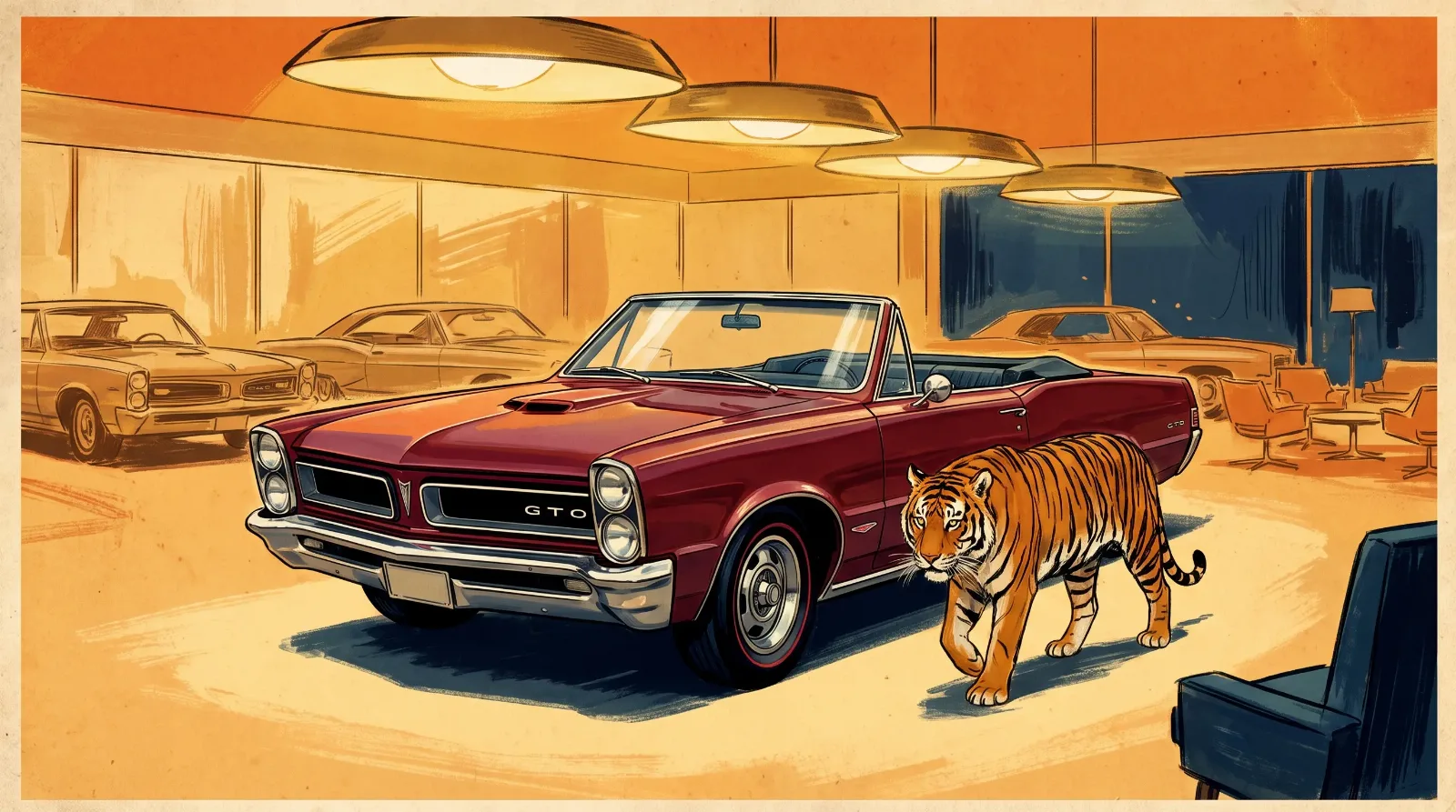 Illustrated tiger beside GTO in 1965 showroom