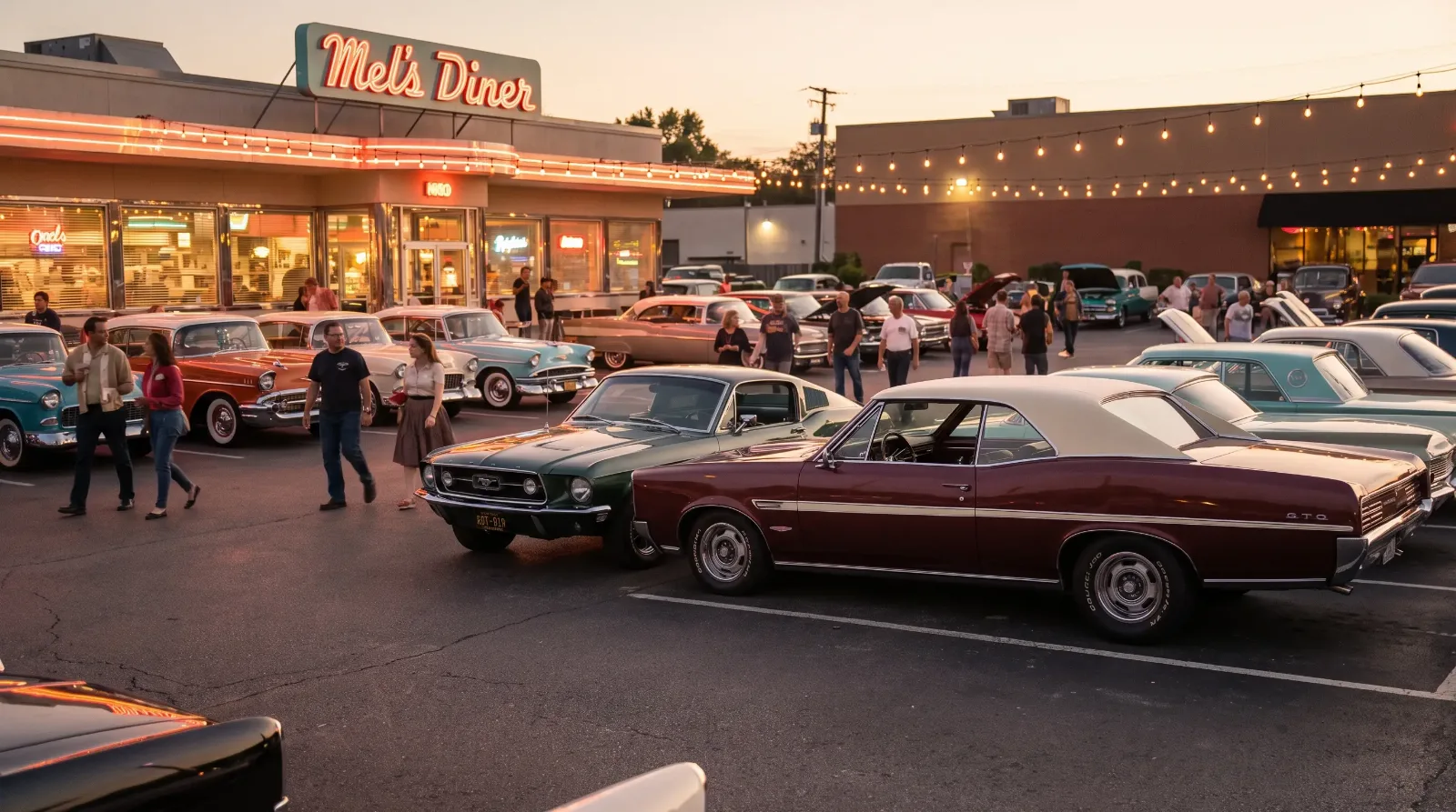 A compact Ford Mustang fastback parked beside a larger Pontiac GTO at a cruise night