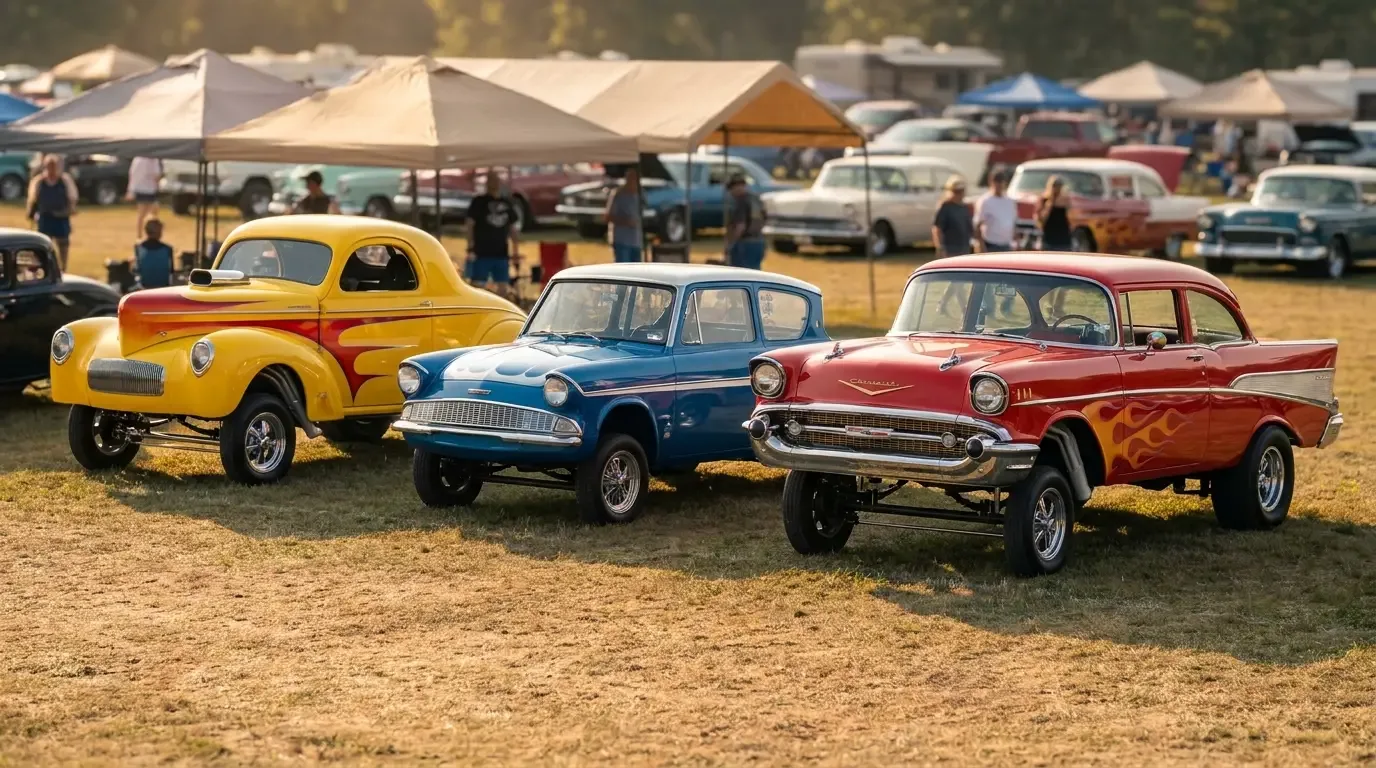 A Willys coupe, Ford Anglia and tri-five Chevy gasser lined up nose-high on straight axles at a vintage car show