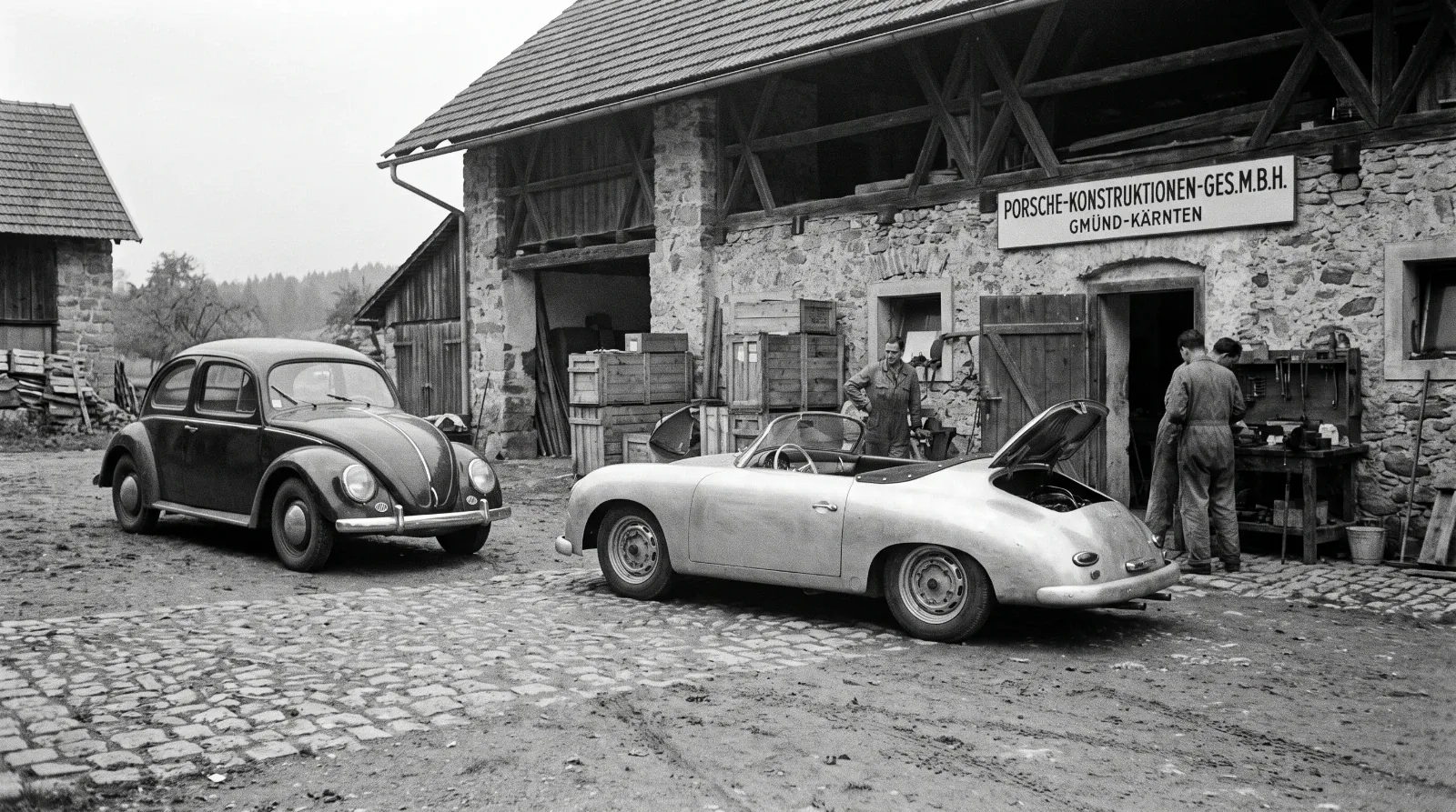 1948 Porsche 356 No. 1 aluminum roadster prototype beside a period Volkswagen Beetle at Gmund