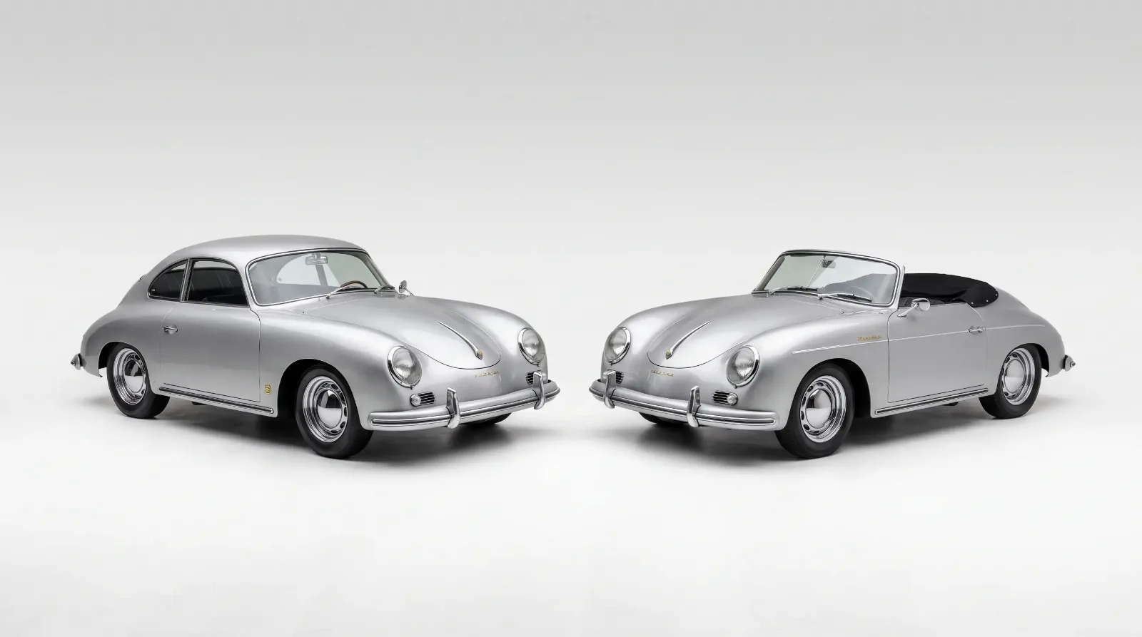 Side by side 1957 Porsche 356 A coupe and cabriolet with top down in a studio setting