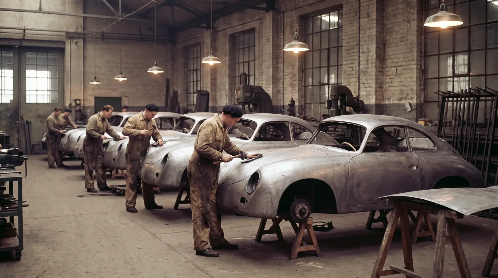 1950s coachbuilding workshop with bare Porsche 356 body shells being hand-finished