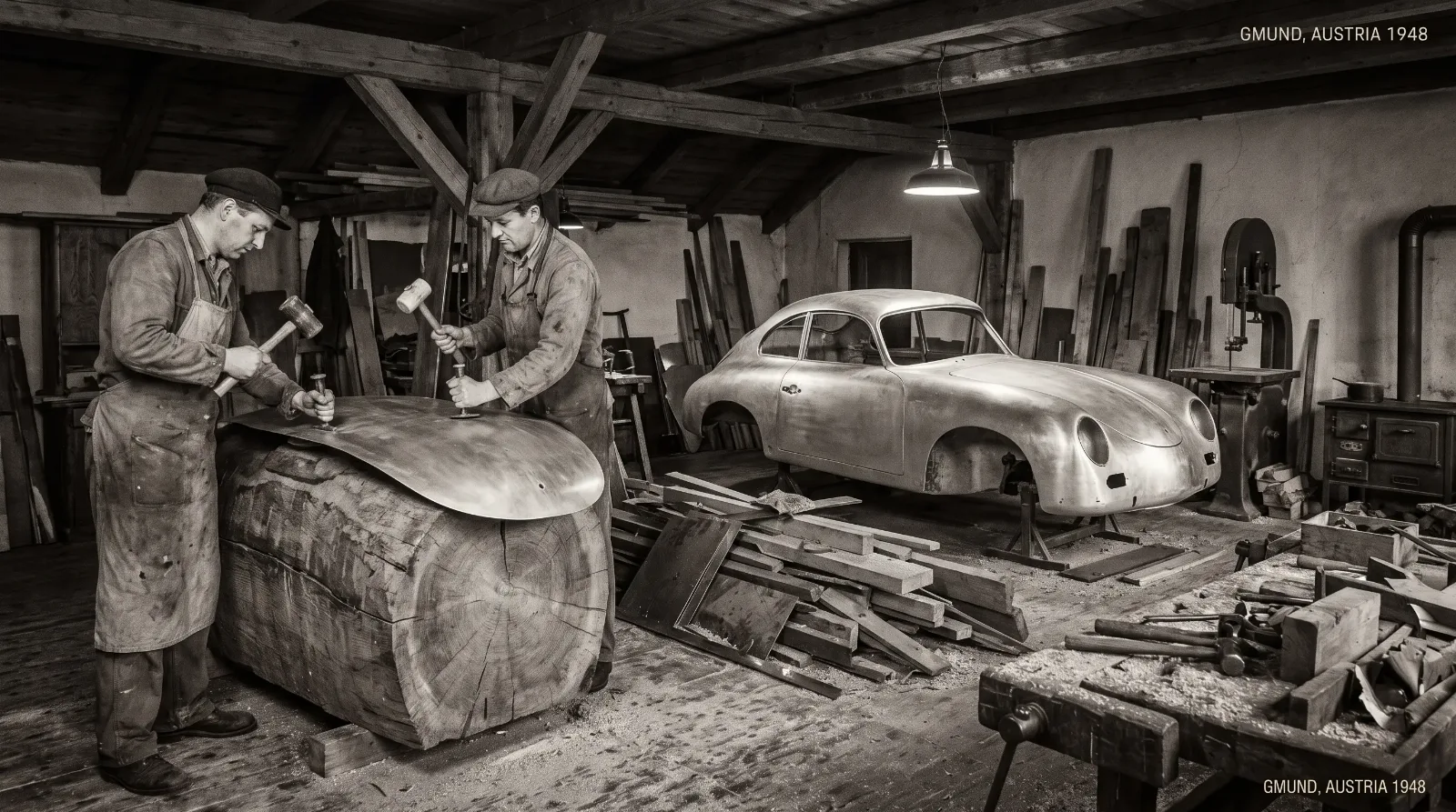 Craftsmen hand-forming an aluminum body panel over a wooden buck in the Gmund sawmill workshop, 1948
