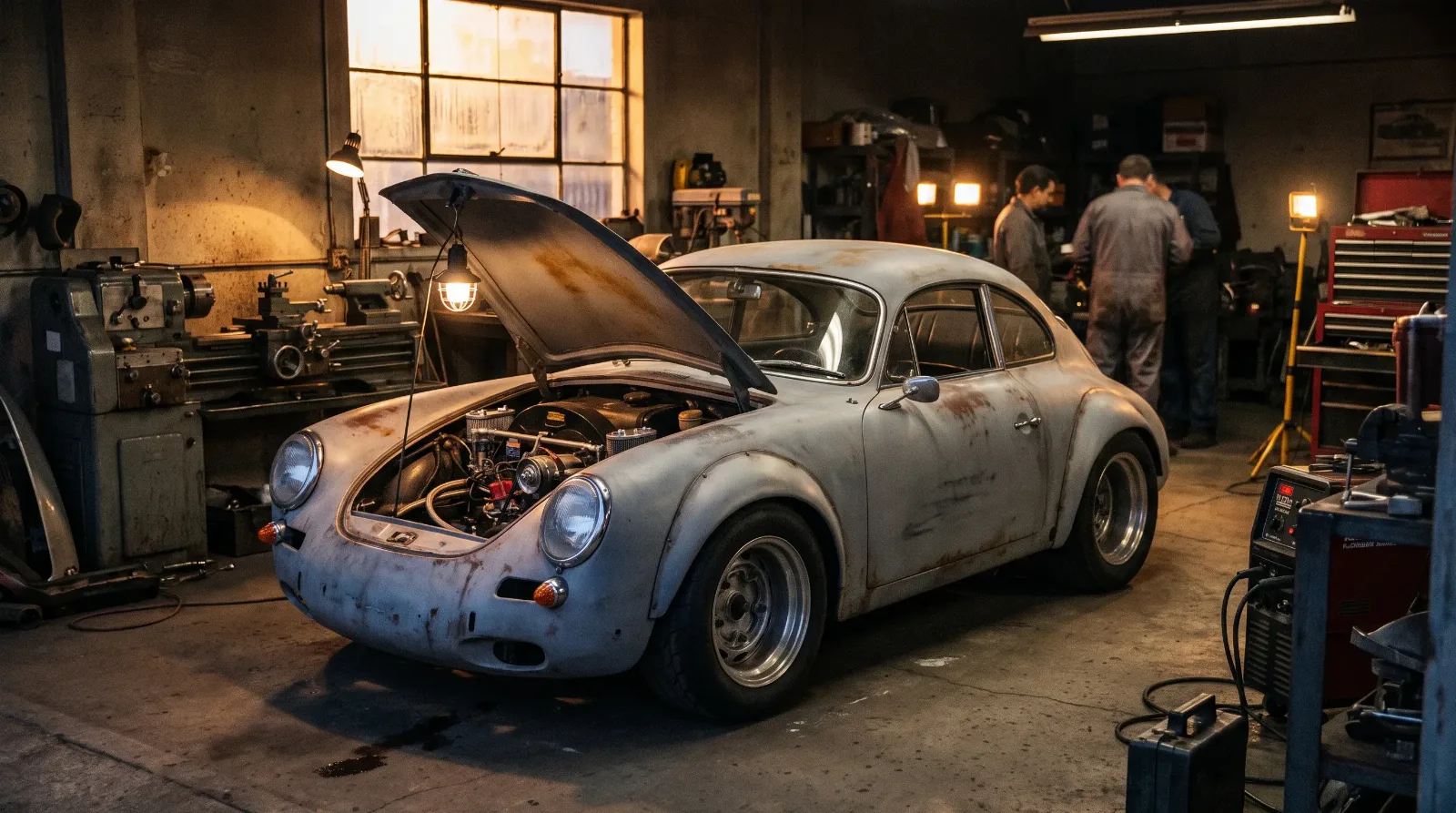 Custom-built matte gray Porsche 356 outlaw coupe with fender flares and lowered stance in a hot-rod garage workshop
