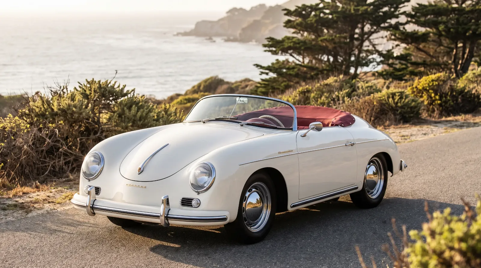 Ivory white 1955 Porsche 356 Speedster parked top down on a sunlit coastal road