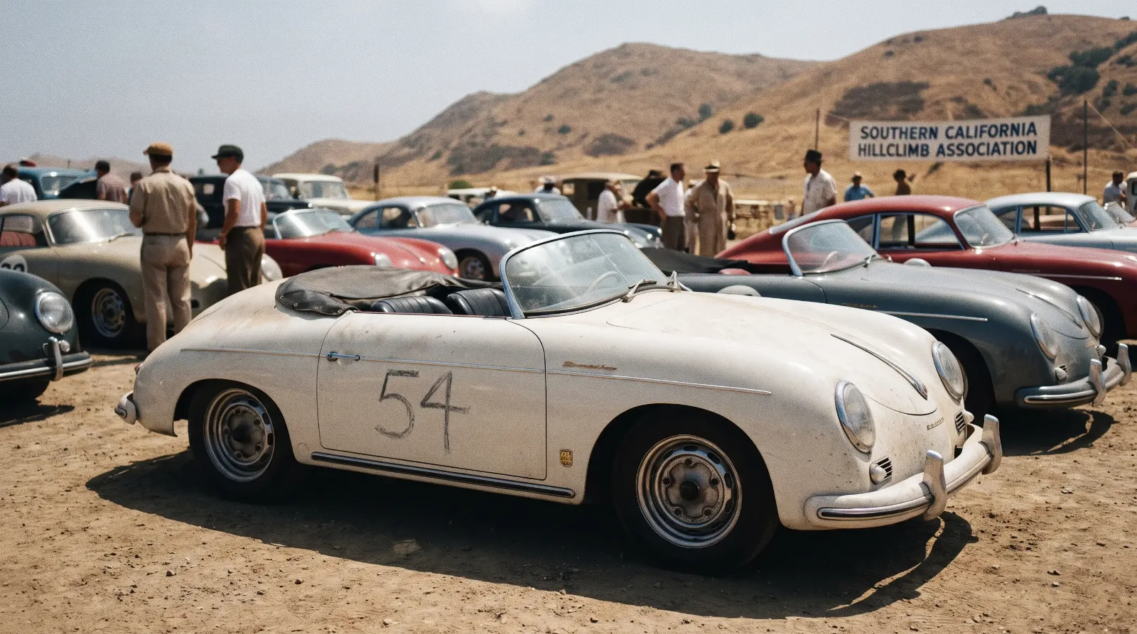 Glacier white 1955 Porsche 356 Speedster in a dusty 1950s Southern California hillclimb paddock