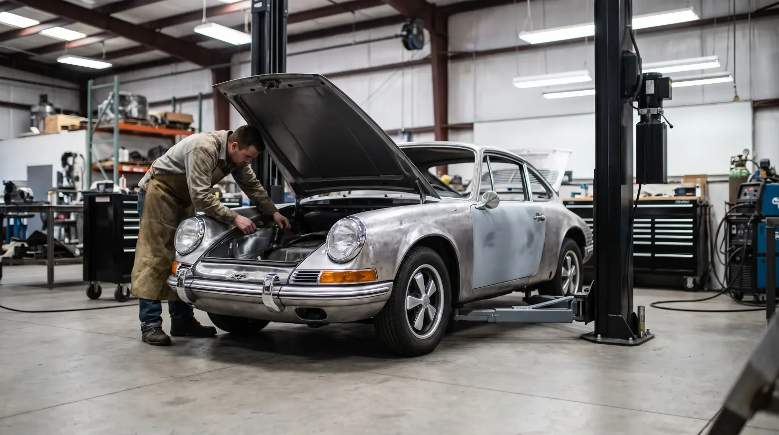 Backdated Porsche 911 with long-hood style fenders under fabrication in a workshop