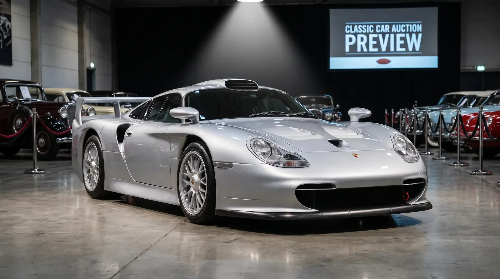 Silver Porsche 911 GT1 Strassenversion displayed under gallery lighting at an auction preview