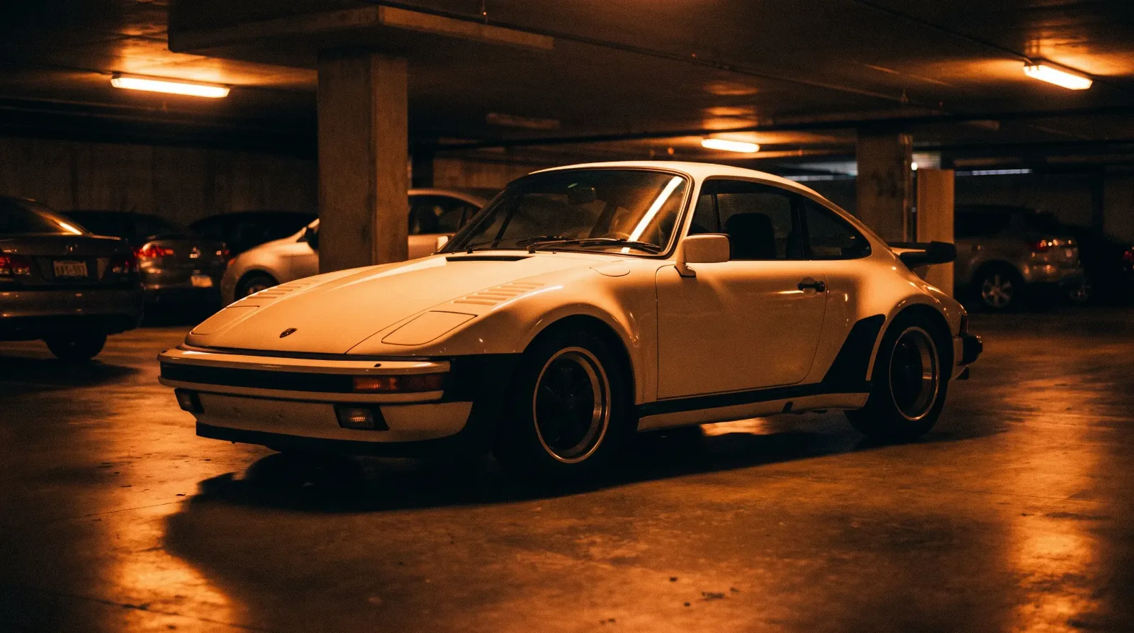 White 1987 Porsche 930 Turbo Flachbau slantnose parked in a dim garage at night