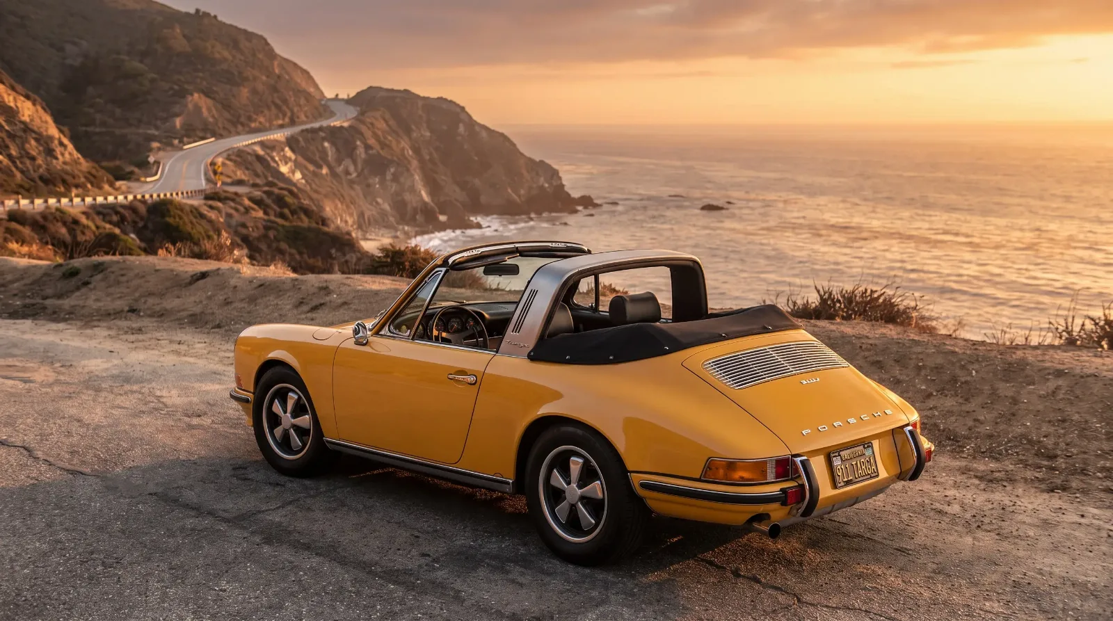 Yellow 1967 Porsche 911 Targa soft-window with roof panel removed at a coastal overlook at golden hour