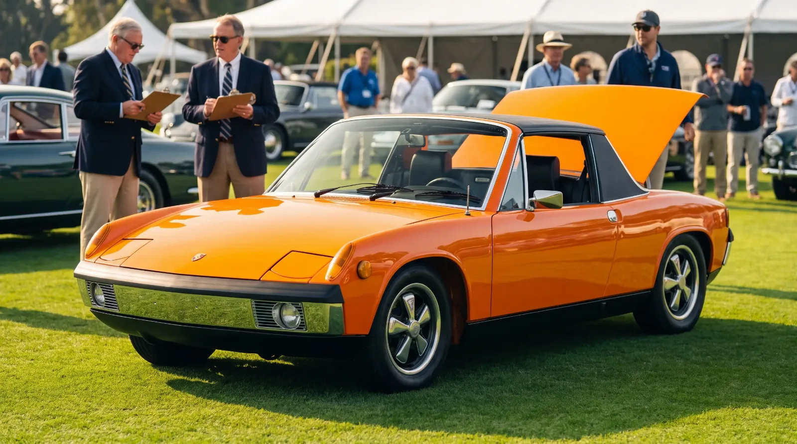 Signal Orange 1973 Porsche 914 on display at an outdoor concours d'elegance lawn show