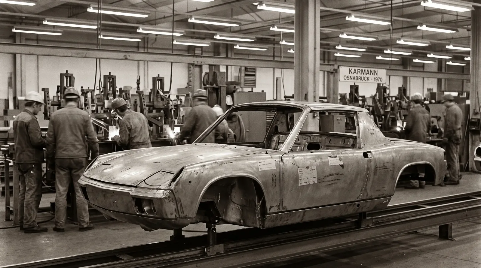 Bare unpainted Porsche 914 unibody shell on a factory production line at the Karmann plant in Osnabruck, workers and welding jigs in the background