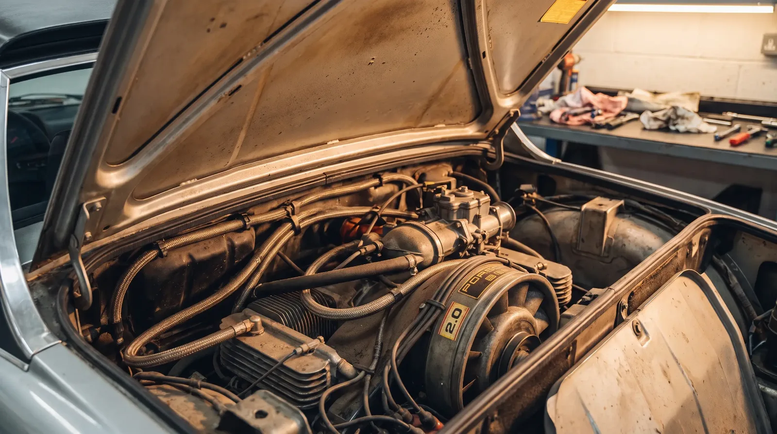 Detail view of a Porsche 914 mid-engine bay showing the flat engine tucked between the cabin and rear axle