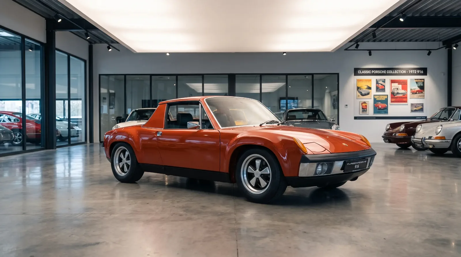 Rare 1972 Porsche 916 prototype coupe with fixed steel roof on display in a showroom setting