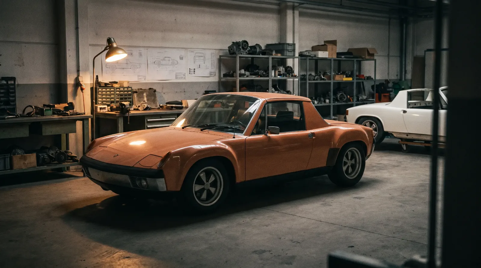 Porsche 916 prototype with flared fenders and fixed steel roof in a dim 1971 factory workshop