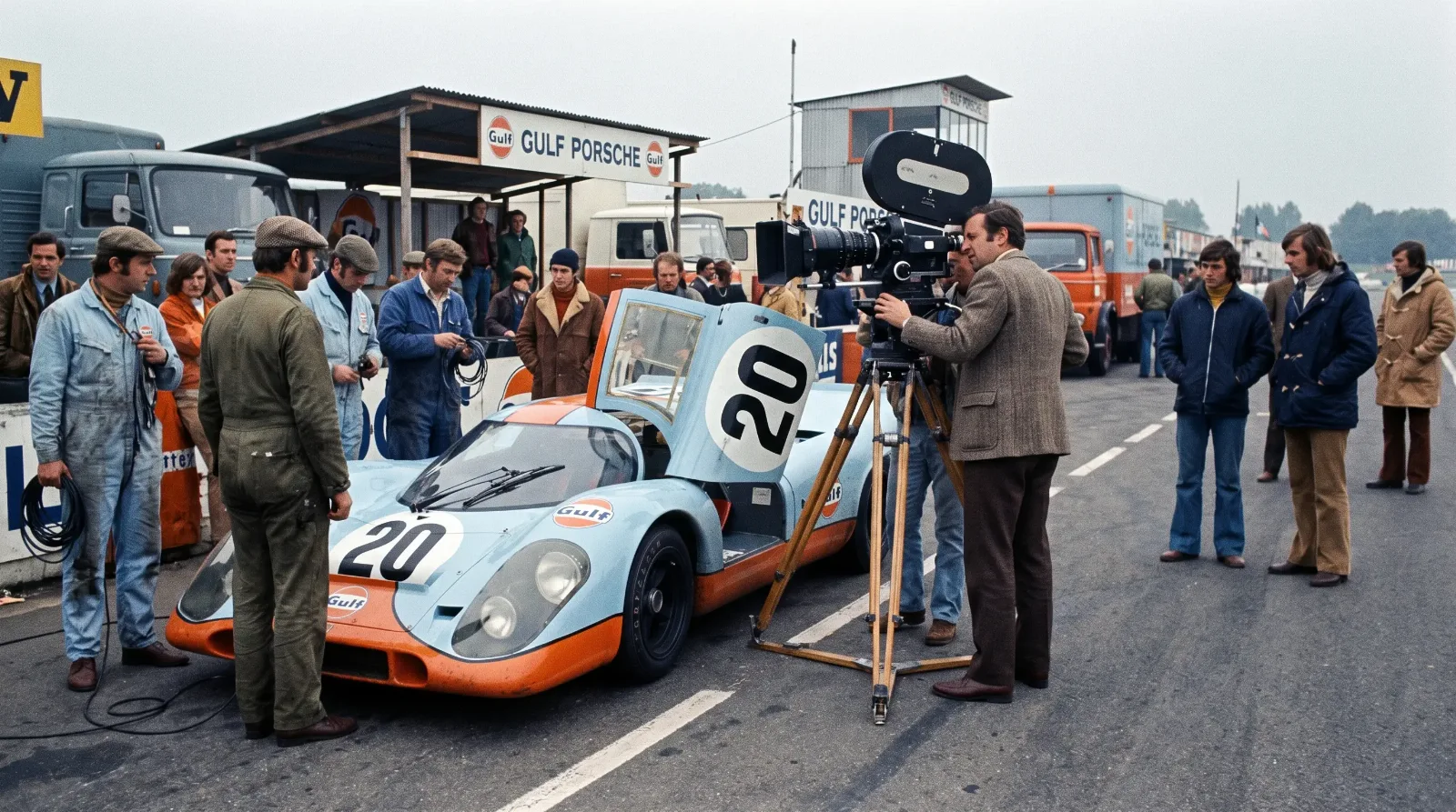Gulf-liveried Porsche 917K on a 1970 film set at Circuit de la Sarthe with camera rig and crew
