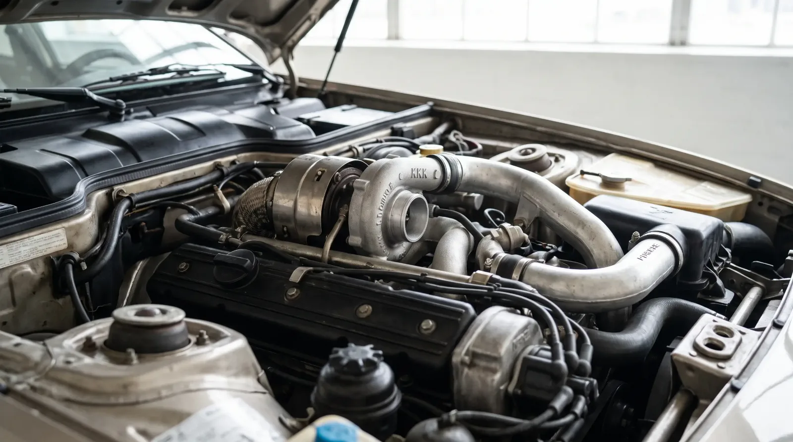 Engine bay detail of a 1978 Porsche 924 Turbo showing the KKK turbocharger and intercooler piping on the 2.0-liter engine