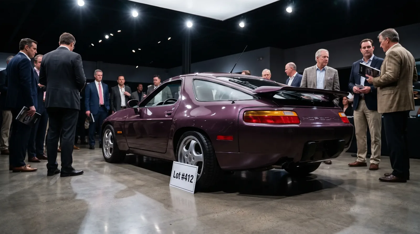 1994 Porsche 928 GTS on display at a collector car auction house with a numbered auction lot placard
