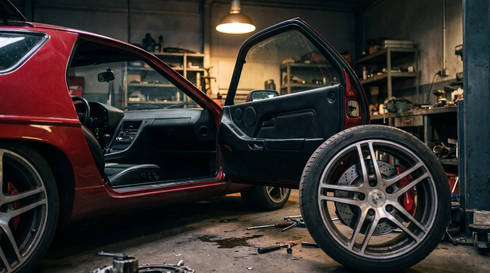 Red Porsche 928 GT in a garage with manual gear shifter and cross-drilled brake rotor in focus