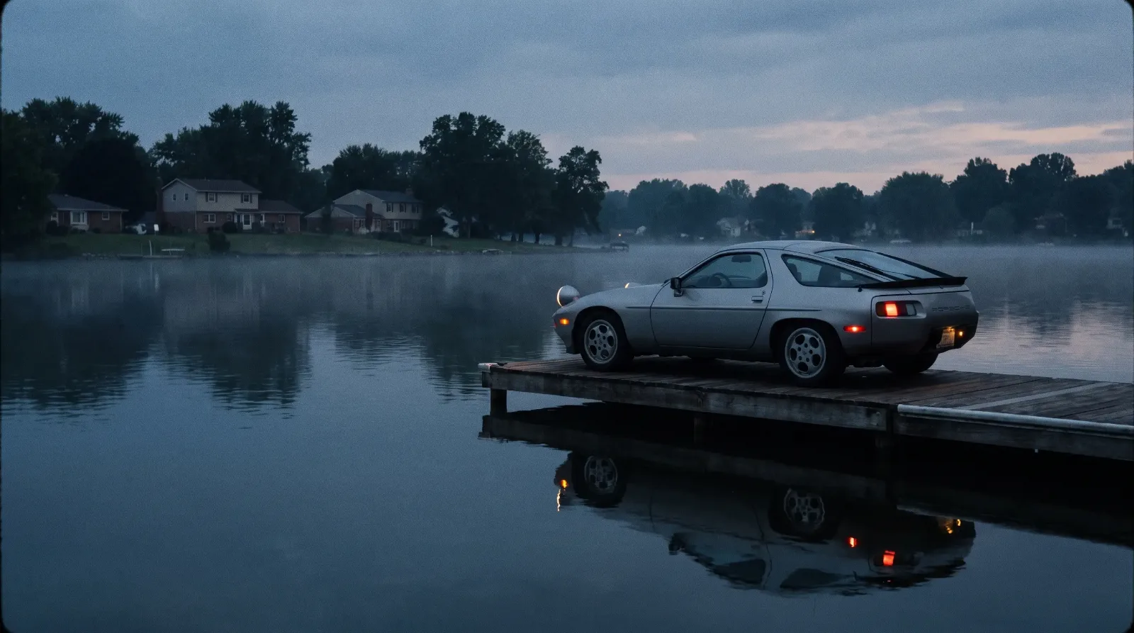Platinum Metallic Porsche 928 parked on a wooden pier over a lake at dusk, evoking the Risky Business film scene