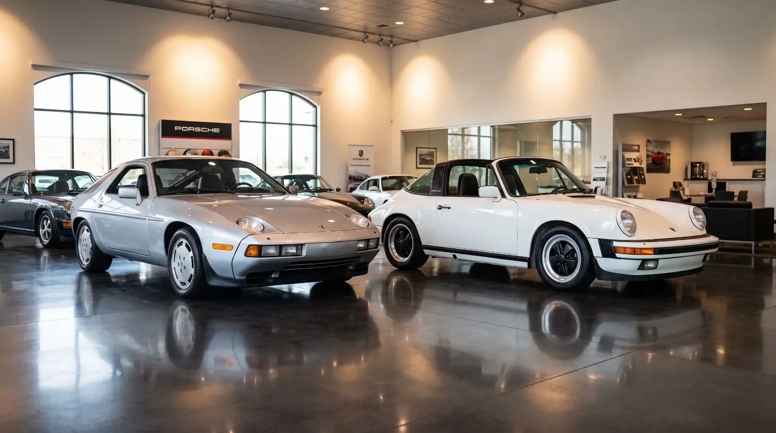 Silver Porsche 928 parked beside a white air-cooled Porsche 911 in a showroom, contrasting the two design eras