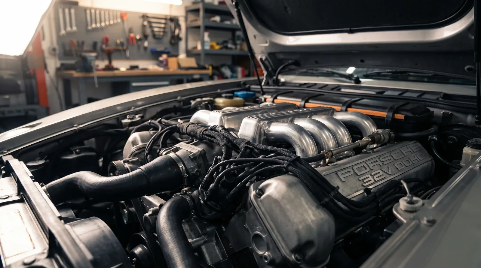 Close-up of a Porsche 928 S4 5.0-liter 32-valve V8 engine bay with Motronic wiring harness visible