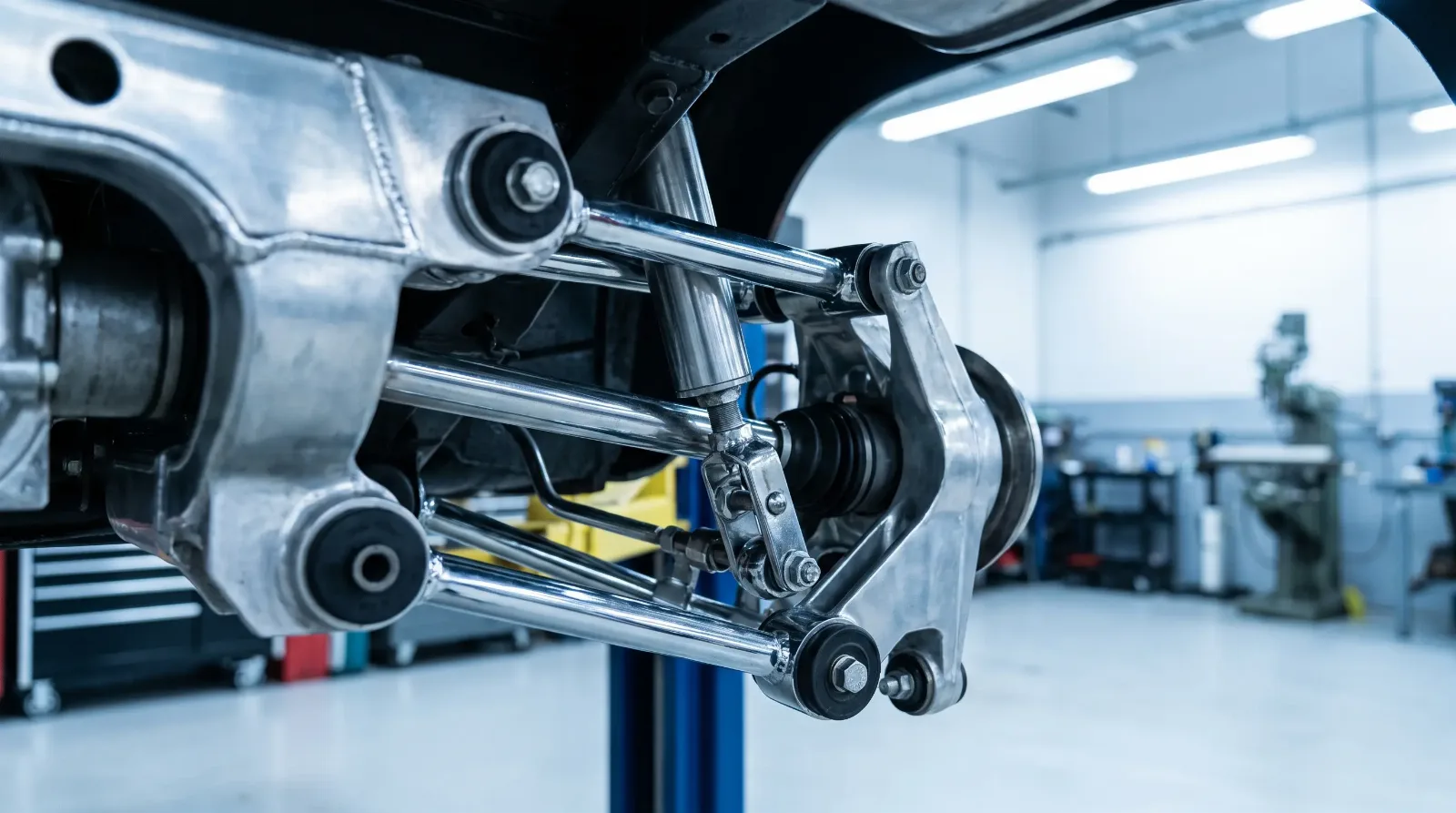 Close-up detail of a classic Porsche 928 Weissach axle rear suspension in a workshop