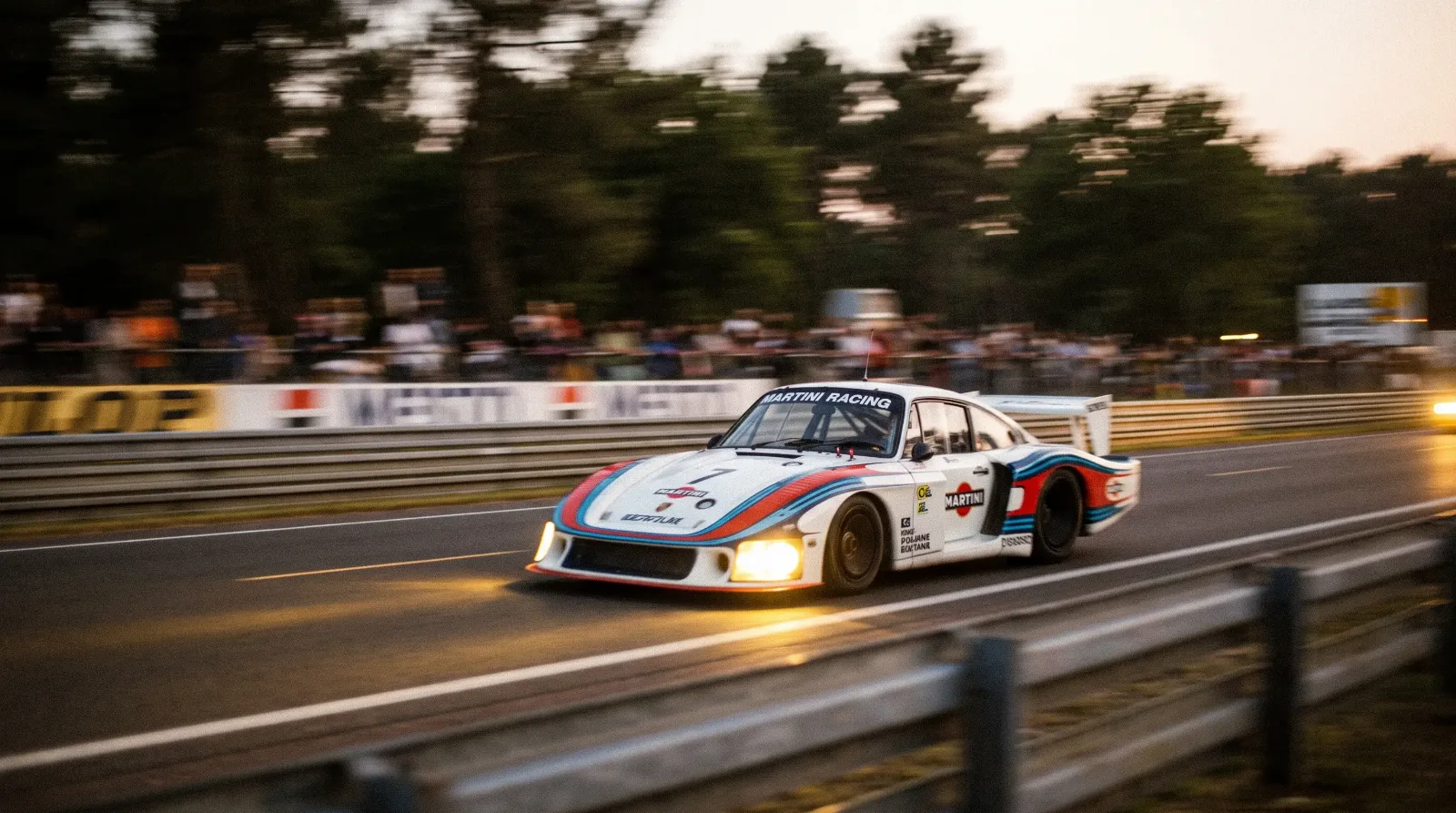Porsche 935/78 Moby Dick racing on the Mulsanne straight at Le Mans in Martini livery