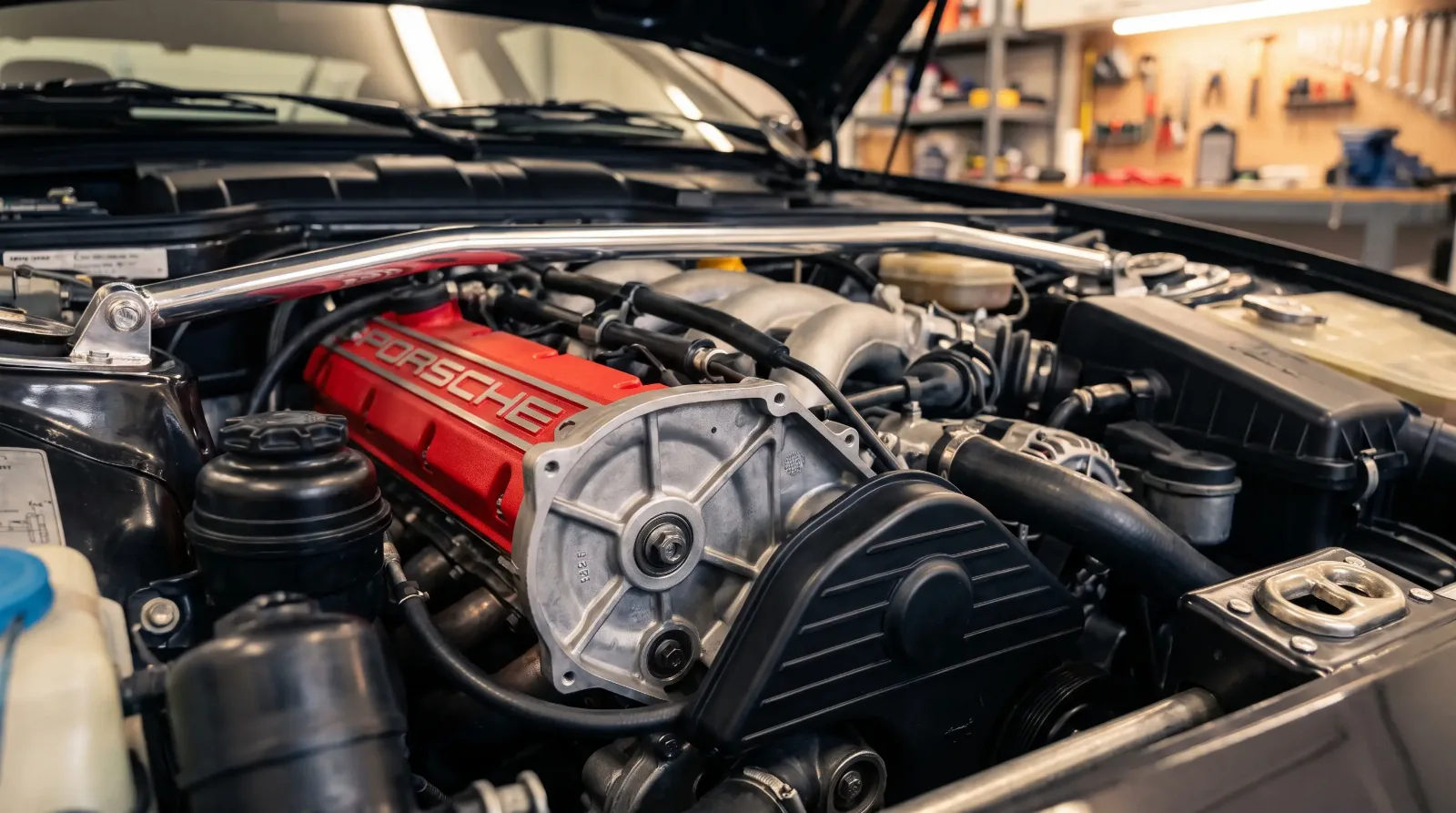 Close-up of a restored Porsche 944 2.5-liter engine bay showing the balance shaft and timing belt covers