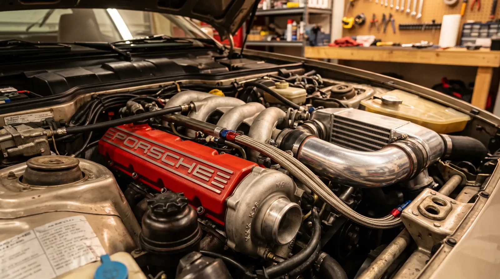 Close-up of the turbocharged 2.5-liter engine bay in a Porsche 944 Turbo (951)