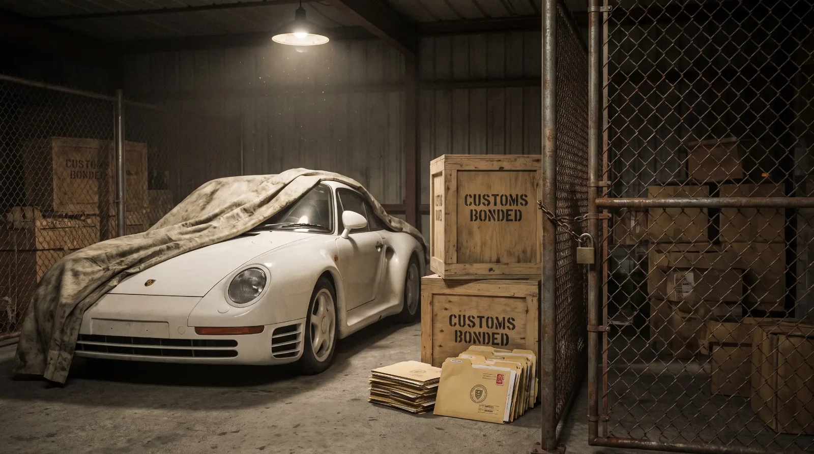 White Porsche 959 sitting under a dust sheet in a dim customs bonded warehouse