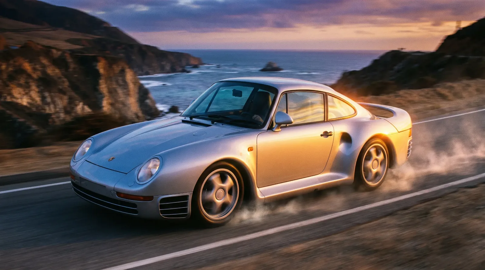 Silver Porsche 959 in motion on a winding coastal mountain road at dusk