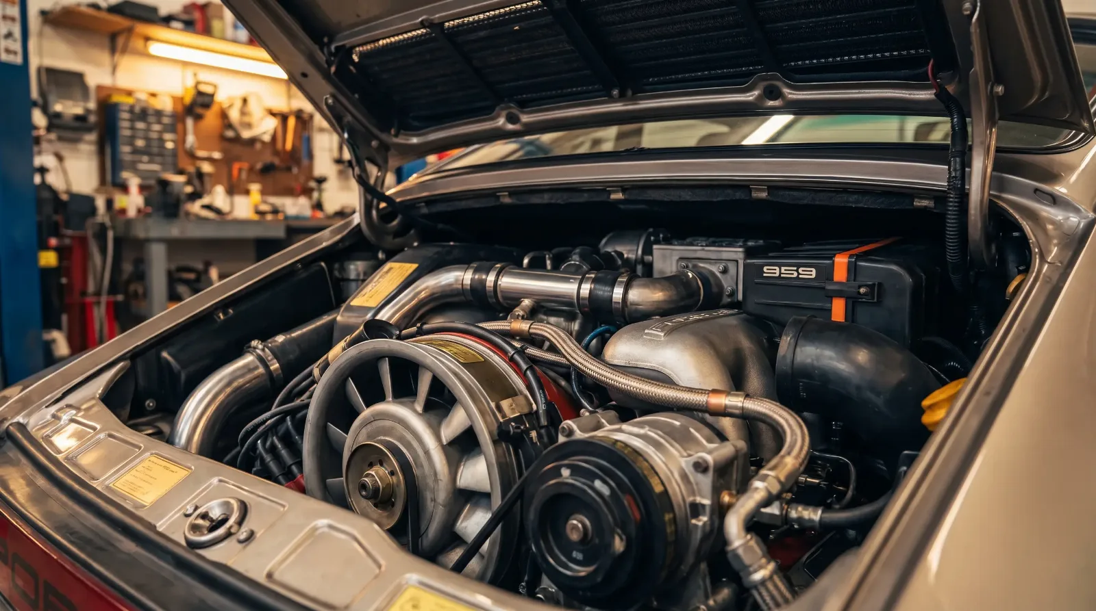 Close-up of the Porsche 959 twin-turbocharged flat-six engine bay with sequential turbo plumbing visible