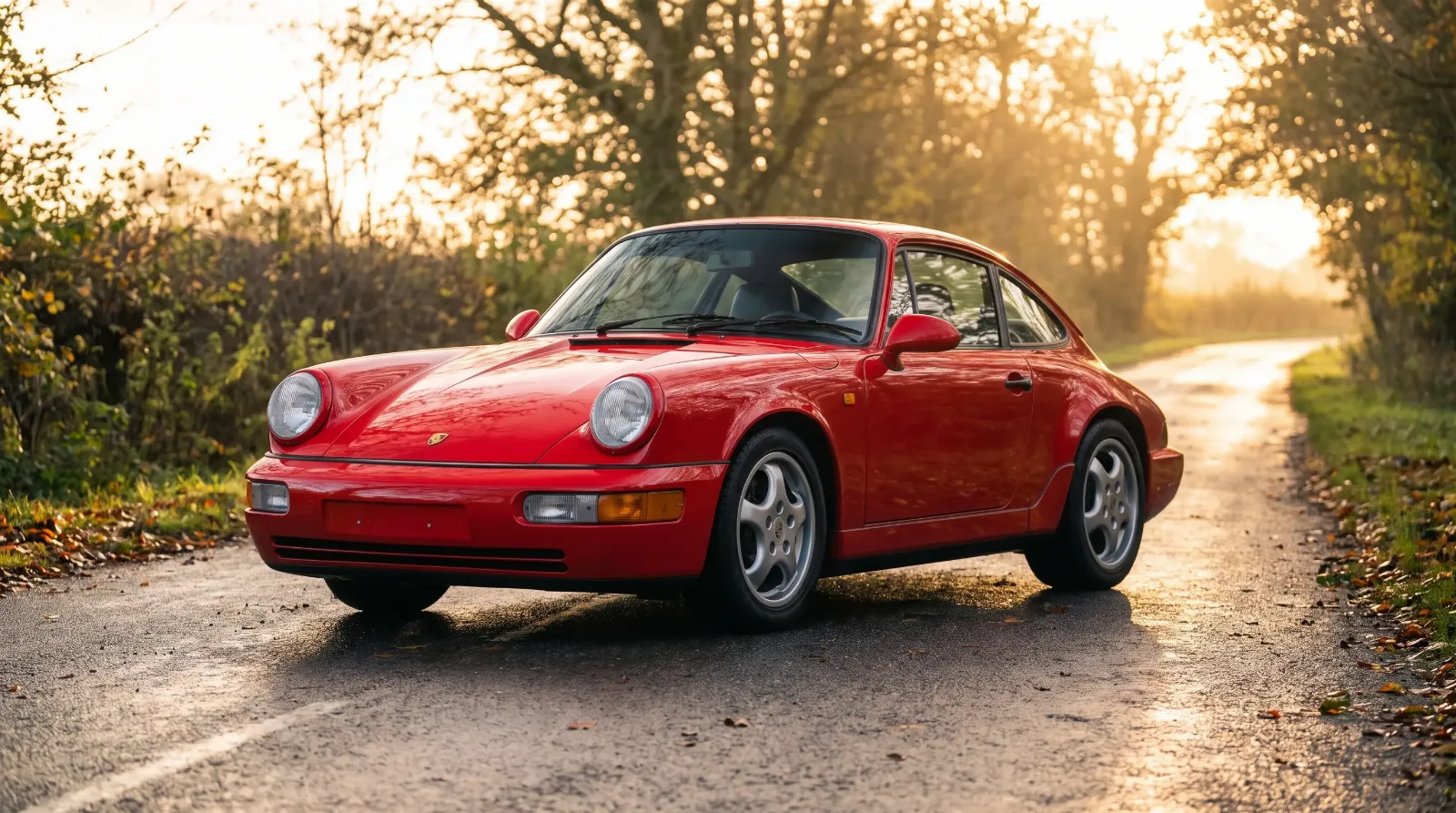Guards red Porsche 964 Carrera 2 parked on a wet road at golden hour