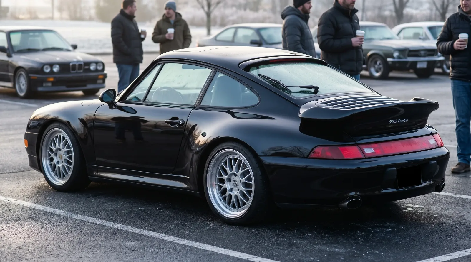 Black 1996 Porsche 993 Turbo rear three-quarter view at a cars and coffee gathering, fixed rear wing visible