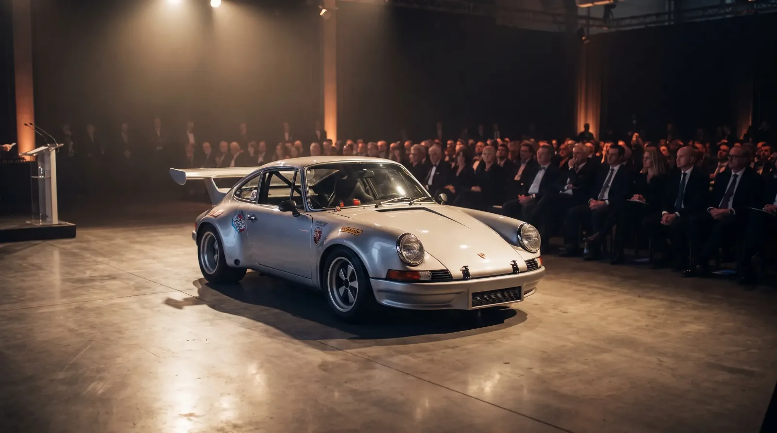 Rare silver vintage Porsche 911 race car staged under dramatic lighting at a formal auction house