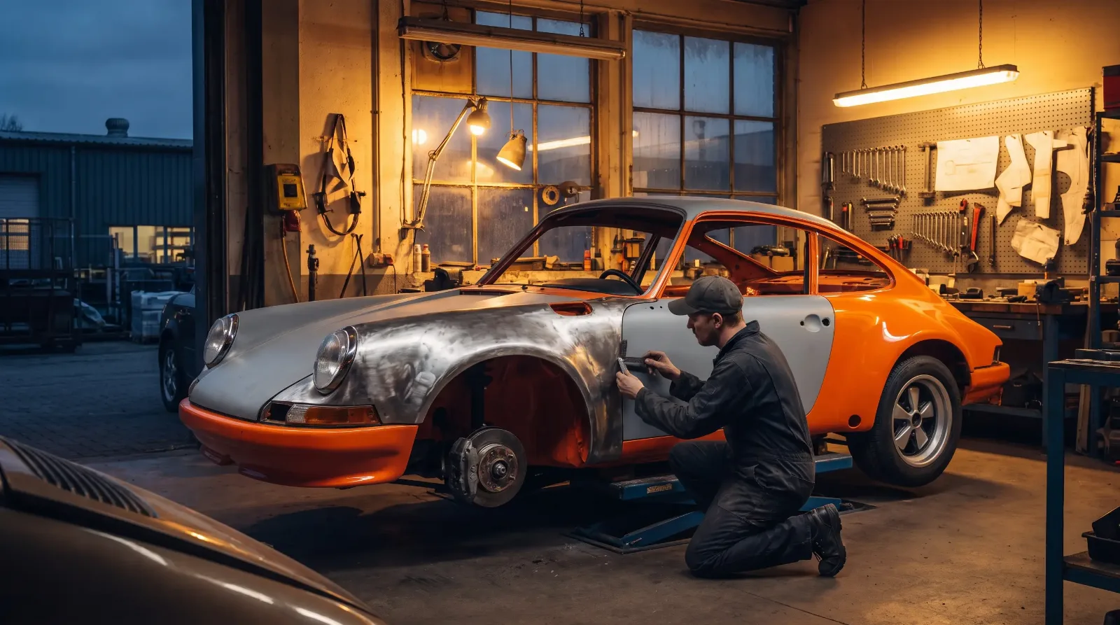 Backdated Porsche 911 with long-hood fenders in a restoration shop, panel gaps checked by hand