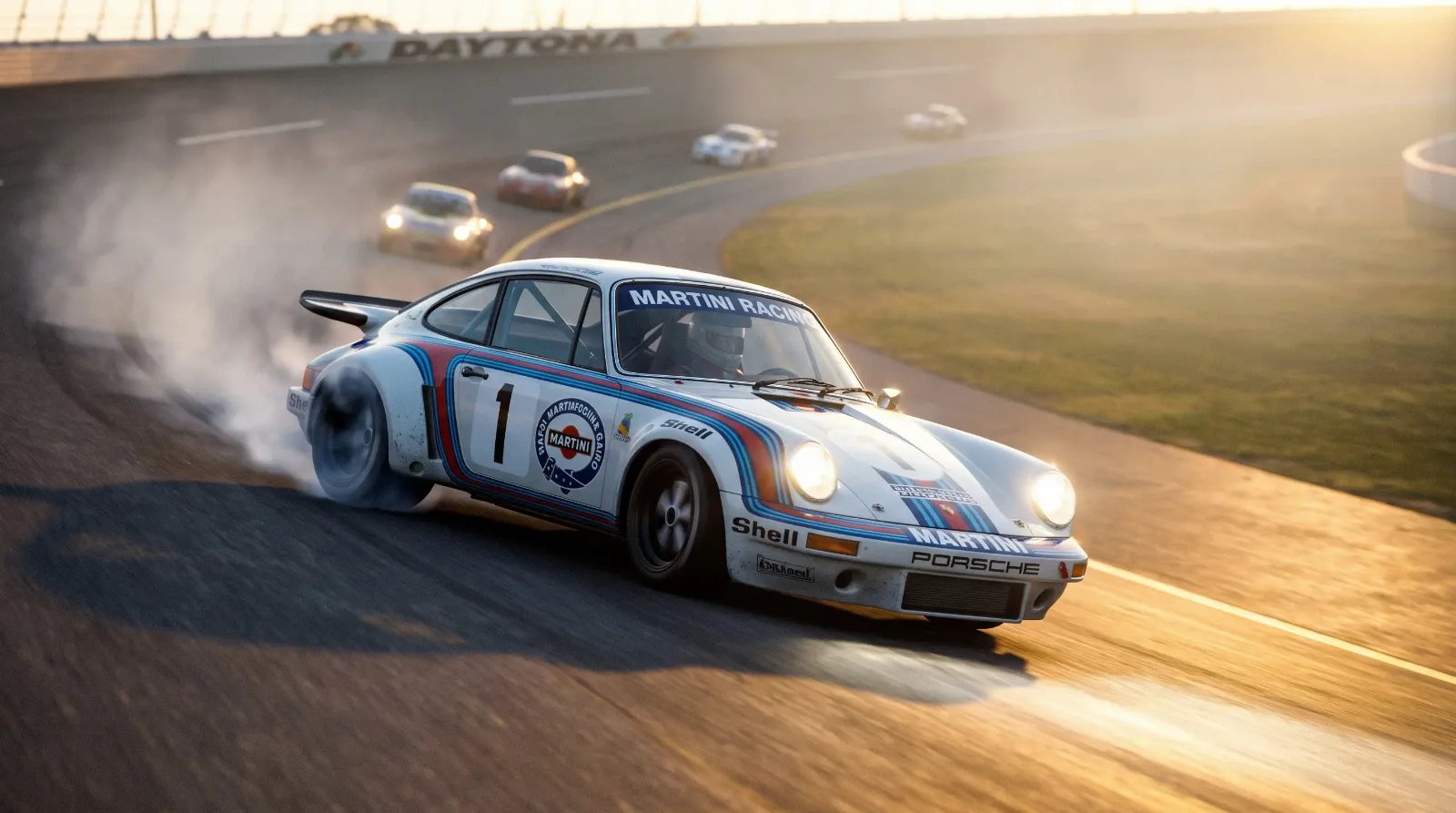 White Porsche Carrera RSR race car sliding through Daytona banking at dawn