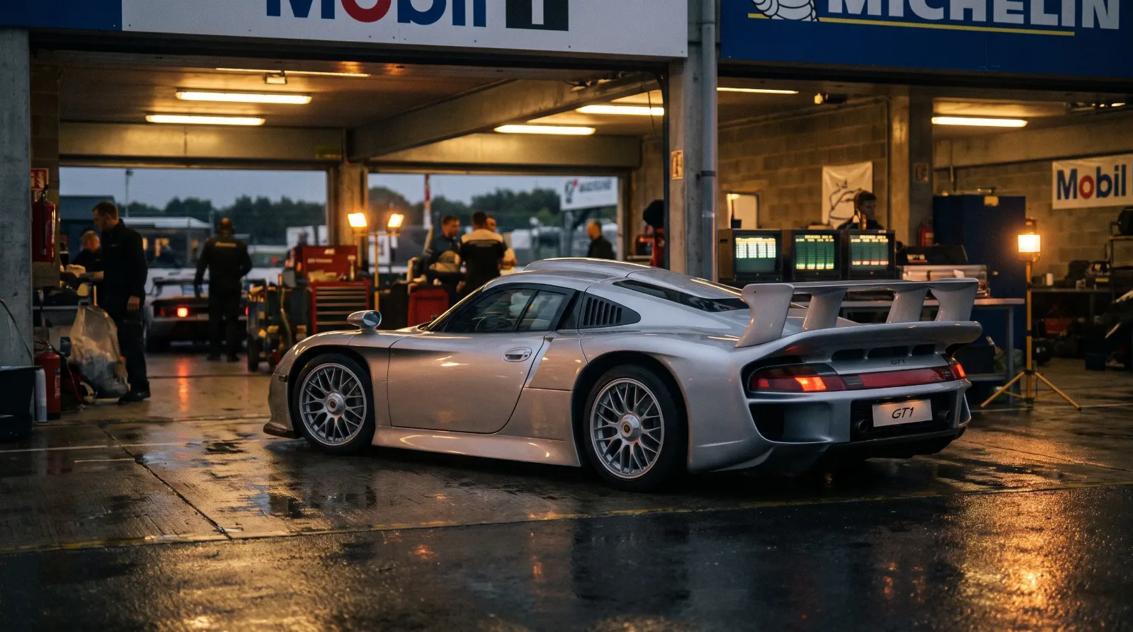 1997 Porsche 911 GT1 Strassenversion in silver parked in a race paddock garage at dusk
