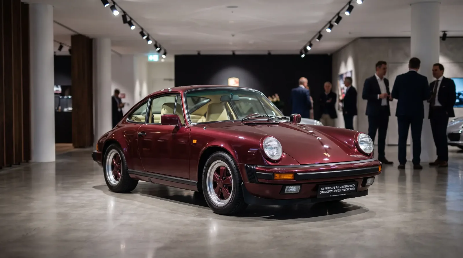Rare one-off Porsche 911 Sonderwunsch commission in custom burgundy paint staged in an auction showroom