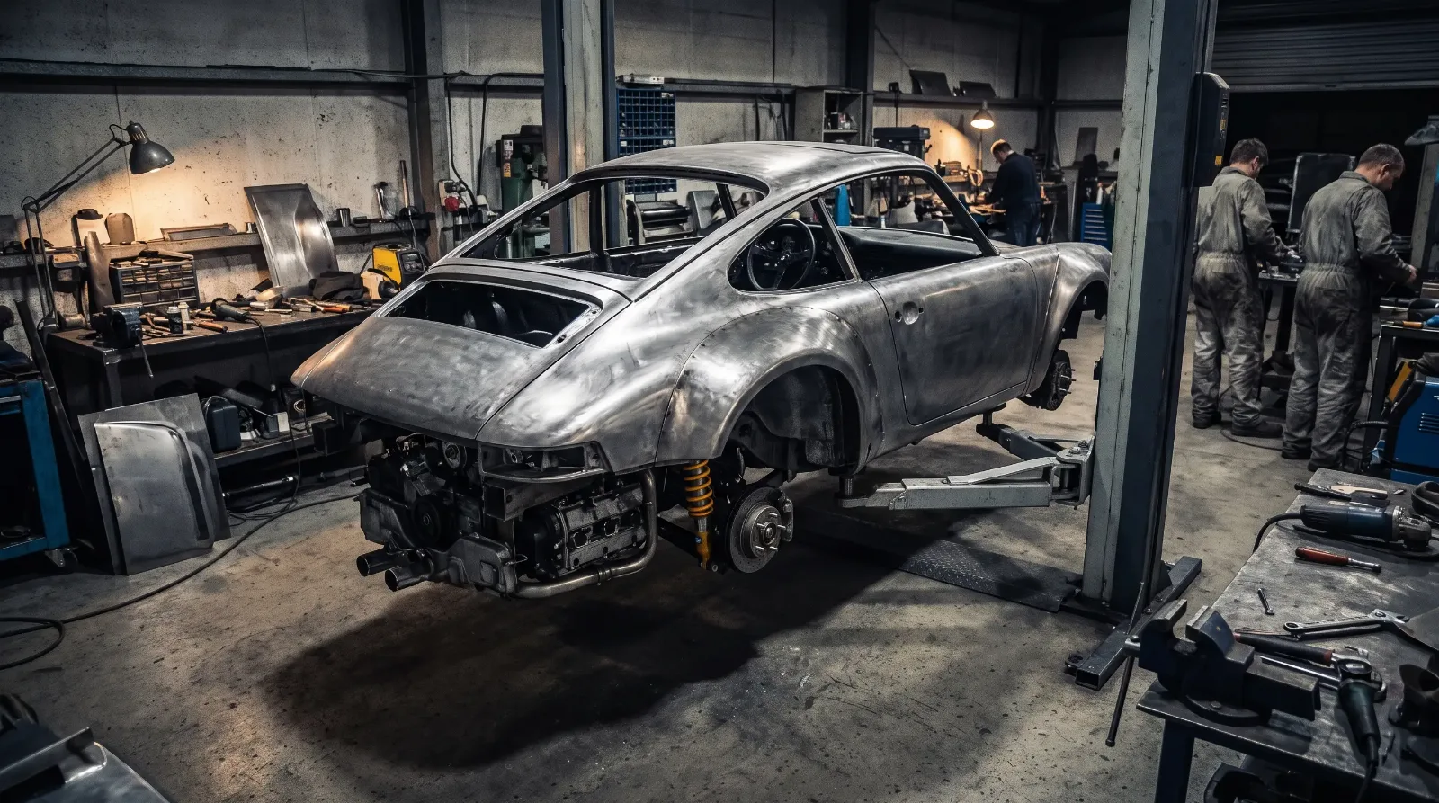 Classic air-cooled Porsche 911 restomod mid-build in a workshop with widened steel fenders and a partially installed flat-six engine