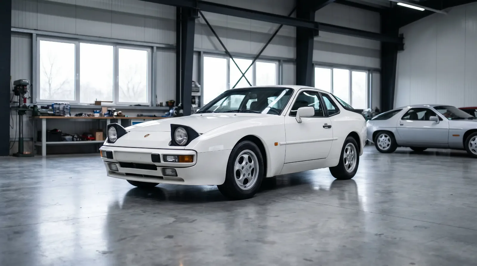 Classic white Porsche 944 parked in an industrial garage with a Porsche 928 visible in the background