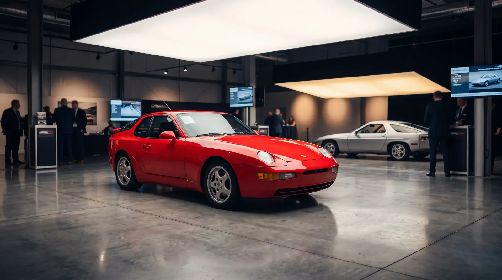Porsche 968 and 928 S parked together in an auction preview hall showcasing the undervalued transaxle lineup
