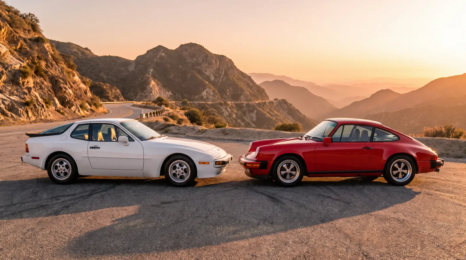 Porsche 944 and Porsche 911 Carrera parked nose to nose on a mountain road at golden hour