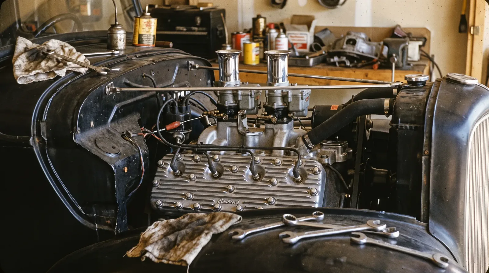 Hopped-up flathead V8 with dual carburetors in garage