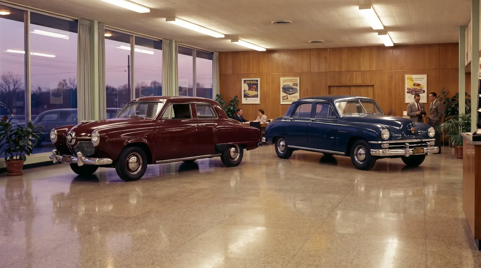 Late 1940s showroom — Studebaker and Kaiser sedans side by side