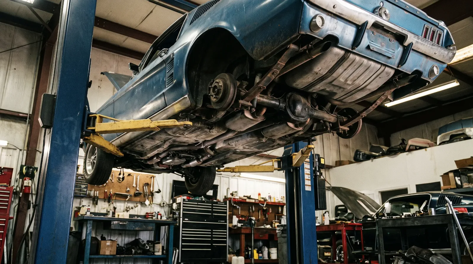 1967 Ford Mustang fastback on a two-post lift during a pre-purchase inspection